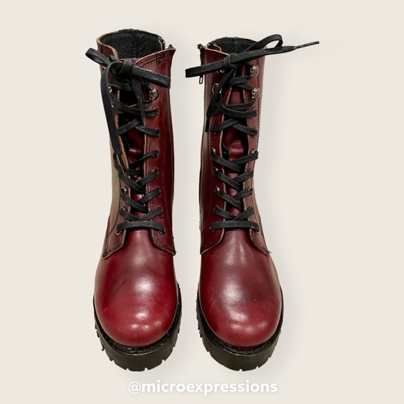 $528 Frye Sabrina Moto Oxblood Burgundy Red Lace Up Leather Combat Ankle Boot - Picture 11 of 16